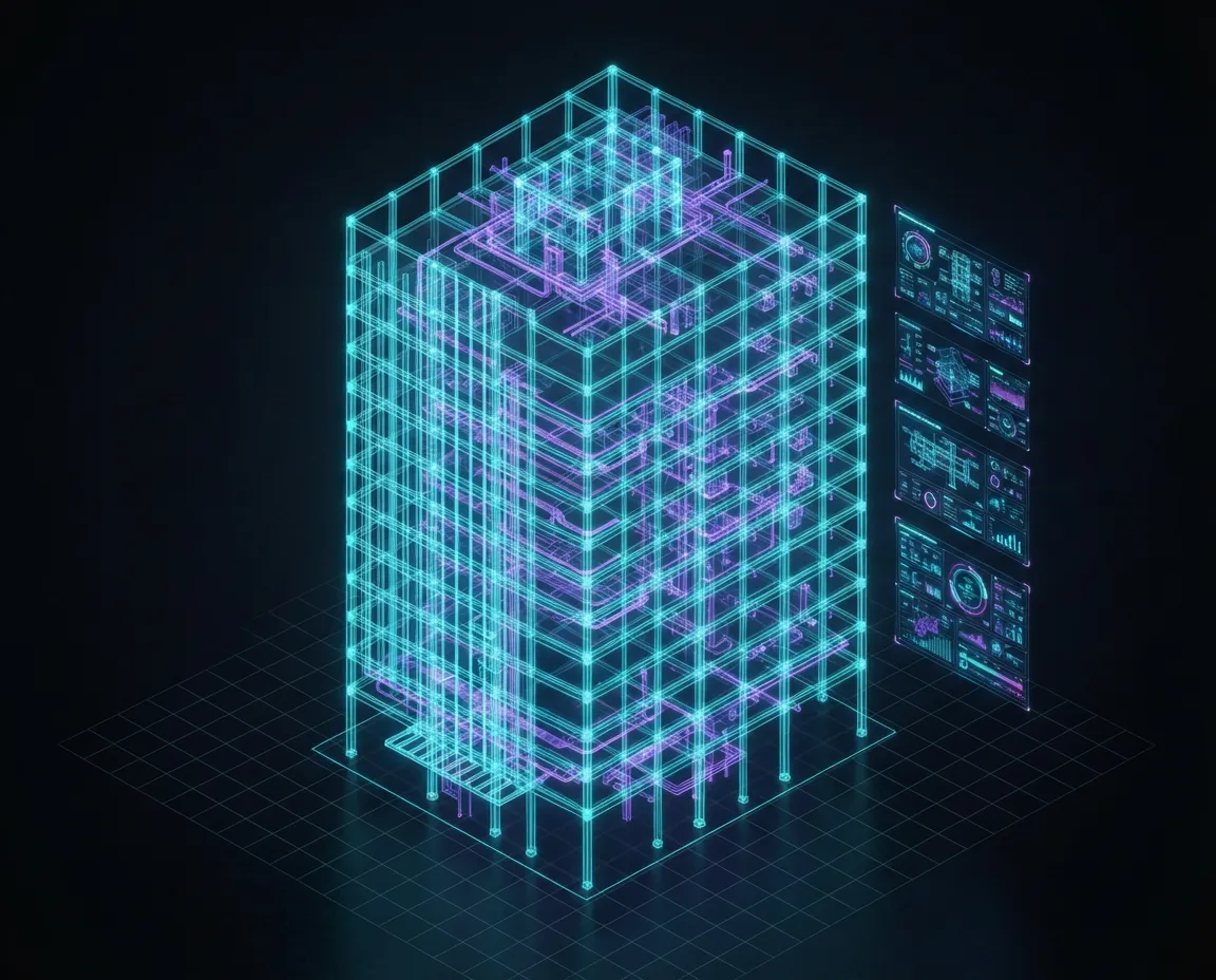 Isometric BIM wireframe model of a building with MEP layers