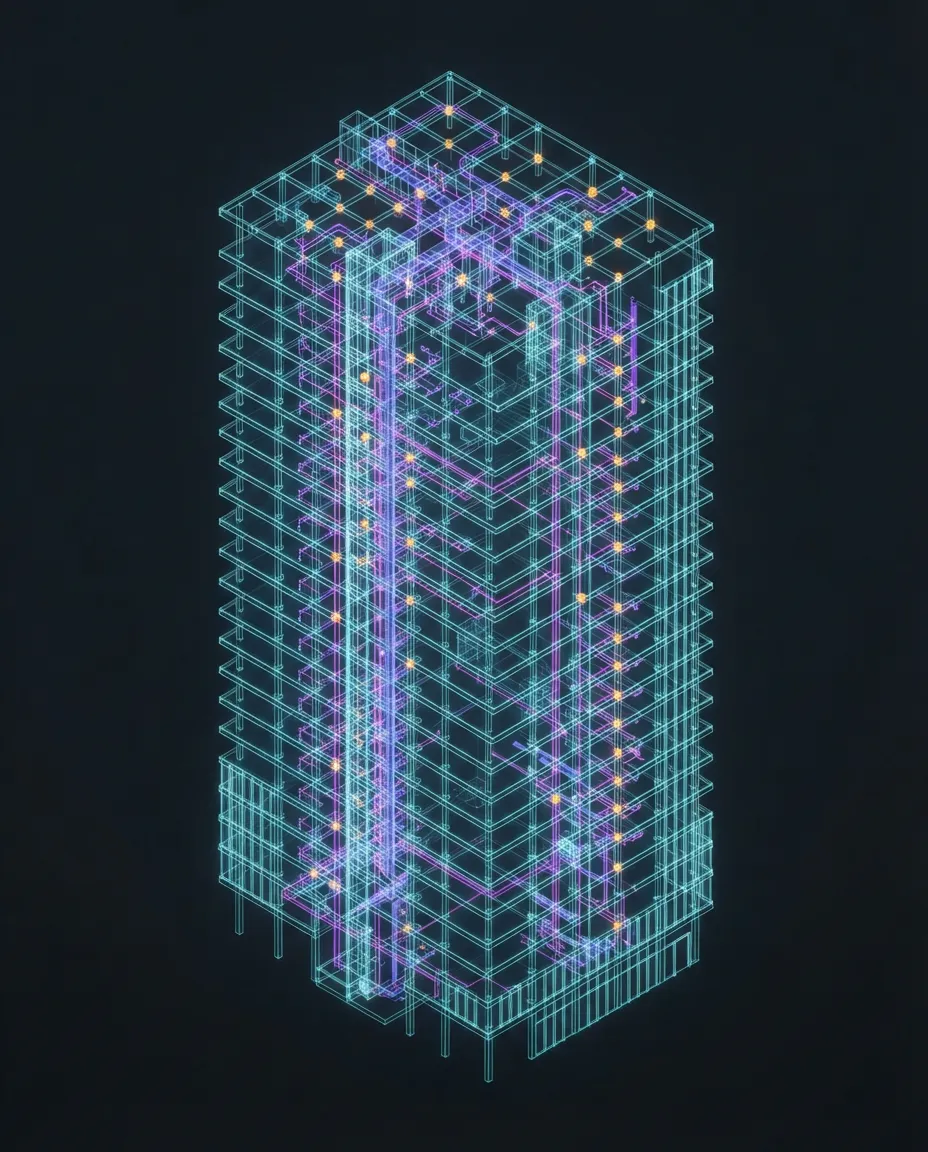 Federated BIM model with colour-coded MEP systems and clash markers