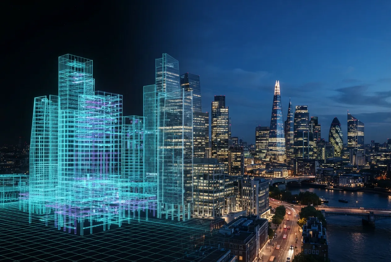 A 3D BIM wireframe model resolving into a real city skyline